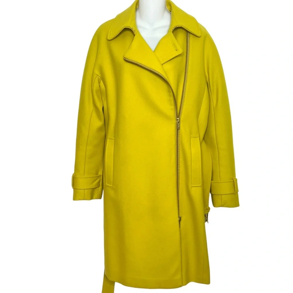 J.CREW GOLD MELTON WOOL ASYMMETRICAL ZIP FRONT BELTED TRENCH COAT SIZE 8 - Picture 7 of 13